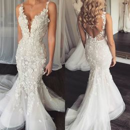 Mermaid Wedding Dresses Tulle 3D Floral Appliques Spaghetti Wedding Gowns Backless Sweep Train Vestidos De Novia199v