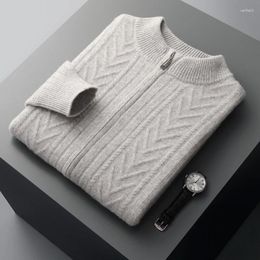 Men's Sweaters Autumn And Winter Merino Wool Cardigan Semi-high-necked Diamond-shaped Thick Jacquard Knitted Jacket