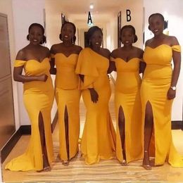 African Mermaid Bridesmaid Dresses Long Satin Off Shoulder Side Split Sweep Train Wedding Guest Dress Styles Black Girl Maid Of Ho204b