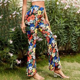 Women's Pants Summer Casual Fashion High Waist Flared For Women Flower Printed Sexy Slim Fit Vintage Bohemian Beach Trousers