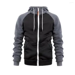 Men's Hoodies Zipper Closure Men Jacket Thick Hooded Coat With Drawstring Patchwork Mid Length Pockets Winter Fall Hoodie