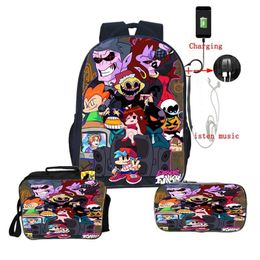 Backpack 3PCs Set Friday Night Funkin Beautiful 3D Print BookBag Boys Girl School Backpacks USB Charge Travel Knapsack Lunch Box2910