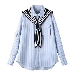 Women's Blouses SuperAen 2024 Autumn Line Fashion Loose Vertical Stripe Shawl Navy Style Two Piece Shirt