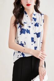 Blouse 2023 Summer New Fashion Women Blouse Elegant Chiffon Sleeveless White Print Pullover VNeck Top Office Lady Formal Shirts