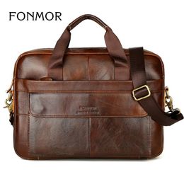 New Men Briefcases Genuine Leather Handbag Vintage Laptop Briefcase Messenger Shoulder Bags Men's Bag266I