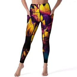 Women's Leggings Watercolor Sunflower Sexy Colorful Flowers Push Up Yoga Pants Breathable Stretch Leggins Women Workout Sports Tights