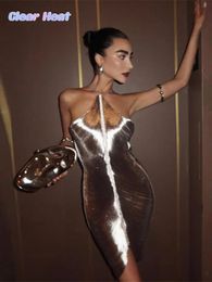 Sexy Metallic Hanging Neck Dress For Women Off Shoulder Sleeveless Backless Shiny Dresses Chic Female Evening Party Club Robes 240305