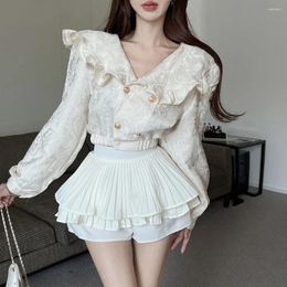 Women's Blouses Vintage Sweet Lotus Leaf Collar French White Autumn Bubble Long Sleeve Short Tops Shirt Blouse Korean Students