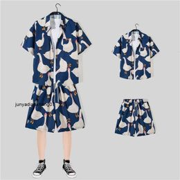 Summer Slim Harajuku Beach Set Mens Short Sleeved Shirt Trendy Couple Outfit Loose Fitting Capris Two-piece