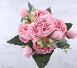 30cm Rose Pink Silk Peony Artificial Flowers Bouquet 5 Big Head and 4 Bud Cheap Fake Flowers for Home Wedding Decoration indoor 8 6337576