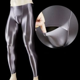 Pants Open Crotch Glossy Satin Leggings Man Pants Sexy Gym Fitness Yoga Sport Tights Smooth High Waist Black Seamless Legging Trousers