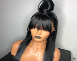 13x4 Lace Front Human Hair Wigs Long Straight Fringe Wig With Bangs Remy Brazilian 130 Density Middle Ratio Bleached7898129