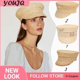 Brand Summer Raffia Straw Hats for Women Beret Letter Military Hat Causal Travel Flat Top Sailor Cap Large Headband Small Caps 240229