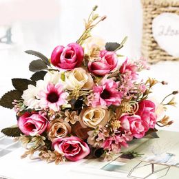 Decorative Flowers Artificial Flower Vase For Home Decoration Accessories Wedding Peony Arrangement Silk Rose Bouquet Fake Decorations