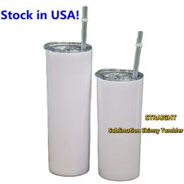 USA Stocks Sublimation 15oz STRAIGHT Skinny Tumblers with Plastic Lid Straw Stainless Steel Double Wall Insulated Vacuum Blanks W185b
