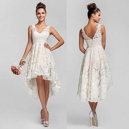 2019 Summer Short Beach Wedding Dresses V Neck A Line High Low Hem Ivory Lace Informal Bridal Gowns347D