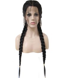 High Temperature Fibre Brazilian Wigs Middle Part Long Straight Black Synthetic Braided Lace Front Wig with Baby Hair1504239