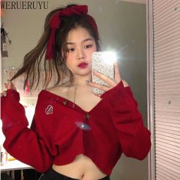 Jackets WERUERUYU Women's Cropped Cardigan Sweaters Female Red Short Sweater V Neck Single Breasted Sweater Woman Knitted Cardigan