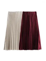 Skirts TF.MLN 2024 Solid Women Pleated Midi Spring Summer Elegant High Elastic Waist Causal Chic Folds Mid-Calf Dress