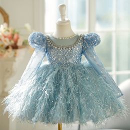 Blue Feather Ball Flower Dresses For Wed Lace Appliqued Sequined Long Sleeve Girls Pageant Dress Little Girl Pearls Beaded Bling First Holy Communion Gown 403