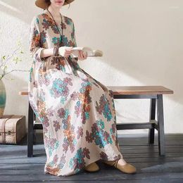 Casual Dresses 2024 Early Spring Floral Printed Holiday Style Dress Travel Round Neck Long Sleeve Retro Cotton Linen Women Z4648