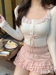 Dresses Japanese Kawaii Lolita Two Piece Set Women Summer Sweet Cute Cake Skirt Suit Female Lace Elegant Blouse + Korean Mini Skirt 2023