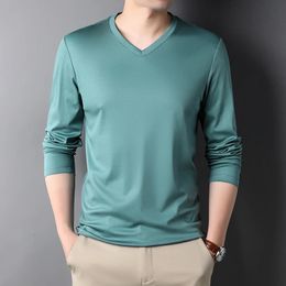 Top Grade Fashion Brand V Neck Solid Colour Plain Soft 100 % Cotton t Shirt Men Long Sleeve Tops Casual Mens Clothes 240306