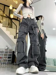Women's Jeans Dark Grey Washed Loose Sports Multi Pocket Straight Casual Drape Wide Leg Pants Vintag