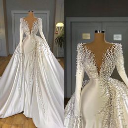 2021 Sexy Luxus Perlen Meerjungfrau Brautkleider Überrock V-ausschnitt Satin Langarm Brautkleider Elegante Hochzeit Kleid robes de mar234A