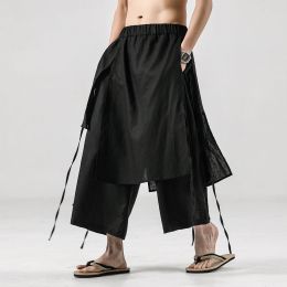 Pants Men Chinese Style Cotton Linen Pants Black WideLeg Pants Men Comfortable Skirt Pants Ancient Male Loose Hanfu Kung Fu Trousers