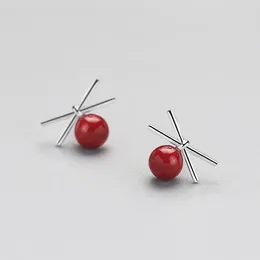Stud Earrings 925 Sterling Silver Personality Bow Temperament Wild Red Cherry Fine Jewellery No Allergic