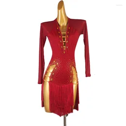 Stage Wear Latin Tassel Dress Tango Gowns Rhinestones Long Sleeves Modern Dance Competition Costume Performance Clothes Outfits