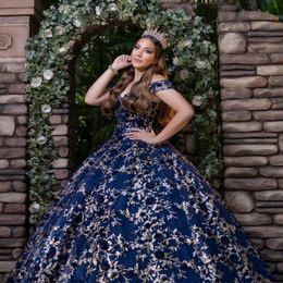 Navy Blue Off The Shoulder 3D Flowers Ball Gown Quinceanera Dresses Ruffles Sequined Appliques Lace Corset Vestidos De 15 Anos