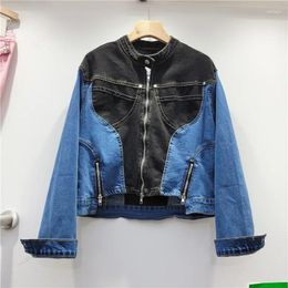 Women's Jackets Harajuku Vintage Patchwork Contrast Color Denim Jacket Women Stand Collar Zipper Long Sleeve Jeans Casual Chaqueta Mujer