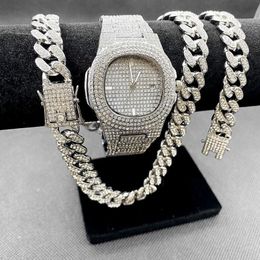 Wristwatches 3 2Pcs Necklace Watch Bracelet Hip Hop Miami Cuban Chain Gold Colour Iced Out Paved Rhinestone Rapper Men Jewellery Set 260q