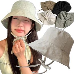 Berets Ins Summer Women Simple Cotton Bucket CapDrawstring Fisherman Hat Solid Colour Fashion Japanese Girl Outdoor Sun Hats Sunshade