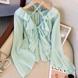 Women's Blouses Early Autumn 2024 Off Shoulder Chiffon Shirt For Women Sweet Hanging Neck Ruffle Edge Short Style Flared Sleeve Blouse Top