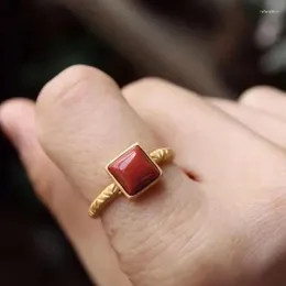 Cluster Rings Classic Design Inlaid Natural Southern Red Tourmaline Square Adjustable Ring Vintage Simple Creative Women's Jewelry