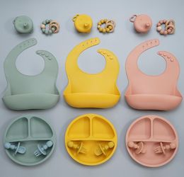 6pcs Gift Set BPA Food Grade Baby Silicone Bib Fork Spoon Dishes Plate Bowl Baby Feeding Supplies Newborn Accessories Y2007109622544