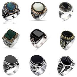 30 Styles Vintage Handmade Turkish Signet Ring for Men Women Ancient Silver Colour Black Onyx Stone Punk Rings Religious Jewelry237Y