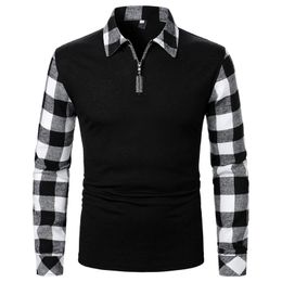 Mens Lapel Zipper Shirt Long Sleeve Business Pullover Tops Formal Work Plaid Splice Tee Casual Shirts For Men Regular Fit 240307