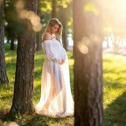 White Dot Tulle Maternity Pography Props Dress See Through Maternity Po Shoot Tulle Long Dress Lantern Sleeve 240305