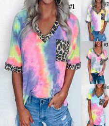 Leopard Tie Dye Shirt Women Casual Summer Colorful Patchwork V Neck Short Sleeve Pocket Girls Tops Tees LJJO79509188577