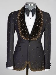Suits Luxury Men's Suits Tailored 3 Pieces Black Vest Pants One Button Wide Velvet Lapel Beads Pearls Diamonds Custom Made Plus Size