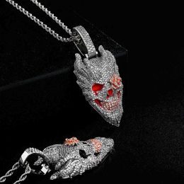 Punk Ins Iced Out Flame Hell Ghost Full Zircon Enamel Skull Pendant Necklace Top Quality Hip Hop Large Charm Mens Rap Accessories Bling Gems Rapper Necklaces