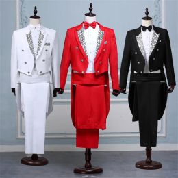 Suits Tailcoat Suits Men Vest Jacket White Tail Coat Chorus Tuxedo Floral Stage Costume Singer Performer Magician Host Outfits