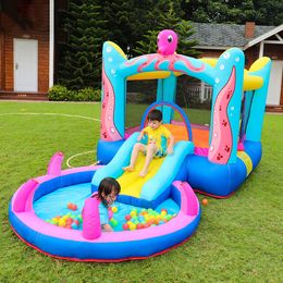 Playhouse para crianças de 3 a 5 anos de idade Parque aquático inflável Casa para crianças Jumper com piscina Castelo molhado e seco Brincar ao ar livre divertido no jardim Festa no quintal Spray de polvo
