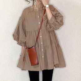 Women's Blouses Thin Ruffles Blouse For Women Button A-Line Korean Japanese Puff Sleeve Tops Female Oversized 2024 Spring Shirt Dress Ladies