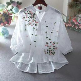 Women's Blouses Women Retro Embroidery Flowers Pattern Shirt Tops Stand Collar V-neck Buttons Half Placket 3/4 Sleeve Loose Female Blouse