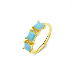 Cluster Rings 18K Gold INS Authentic Solid 925 Sterling Silver Jewellery 3-Stones Blue Turquoise Ring Adjust C-YK0124